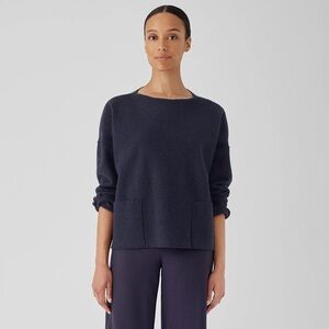 EILEEN FISHER NWT L Lightweight Boiled Wool Bateau Neck Top in Nocturne Blue